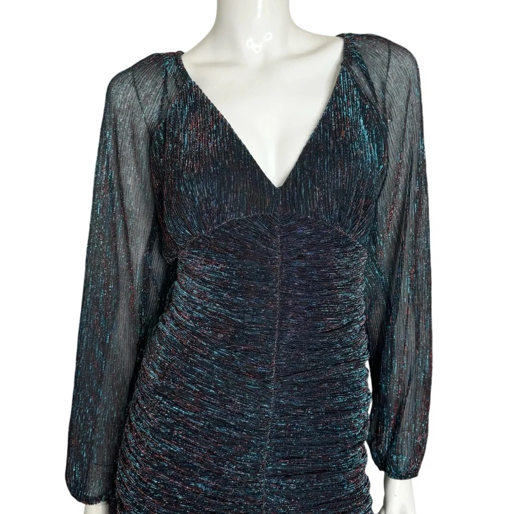 Skies Are Blue Runched Sheer Long Sleeve Black Teal Metallic Midi Dress - Picture 4 of 13